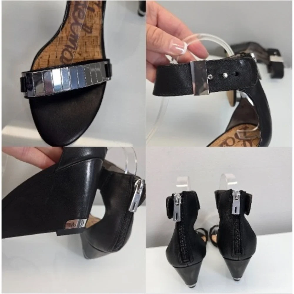 Sam Edelman Serena Wedge Sandals 7.5 Black Leather Silver Metal Indie Sleaze Y2K